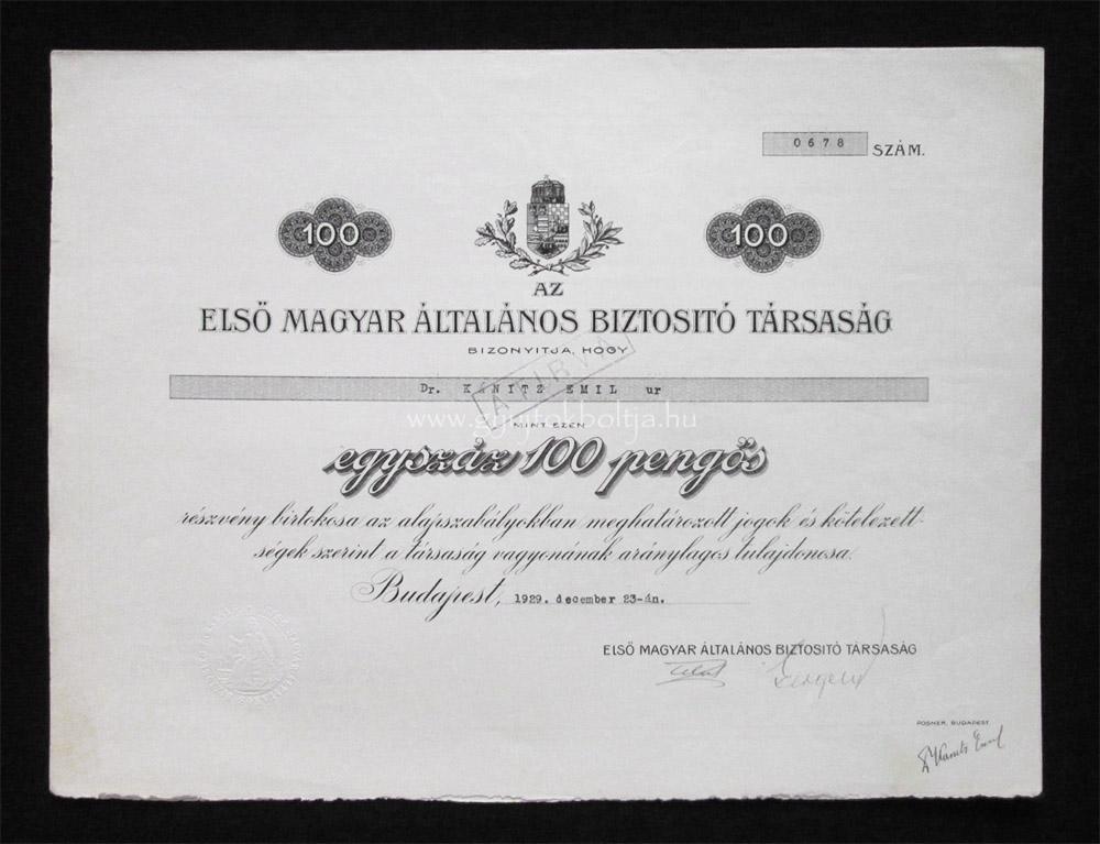 Els Magyar ltalnos Biztost Trsasg 100 peng 1929